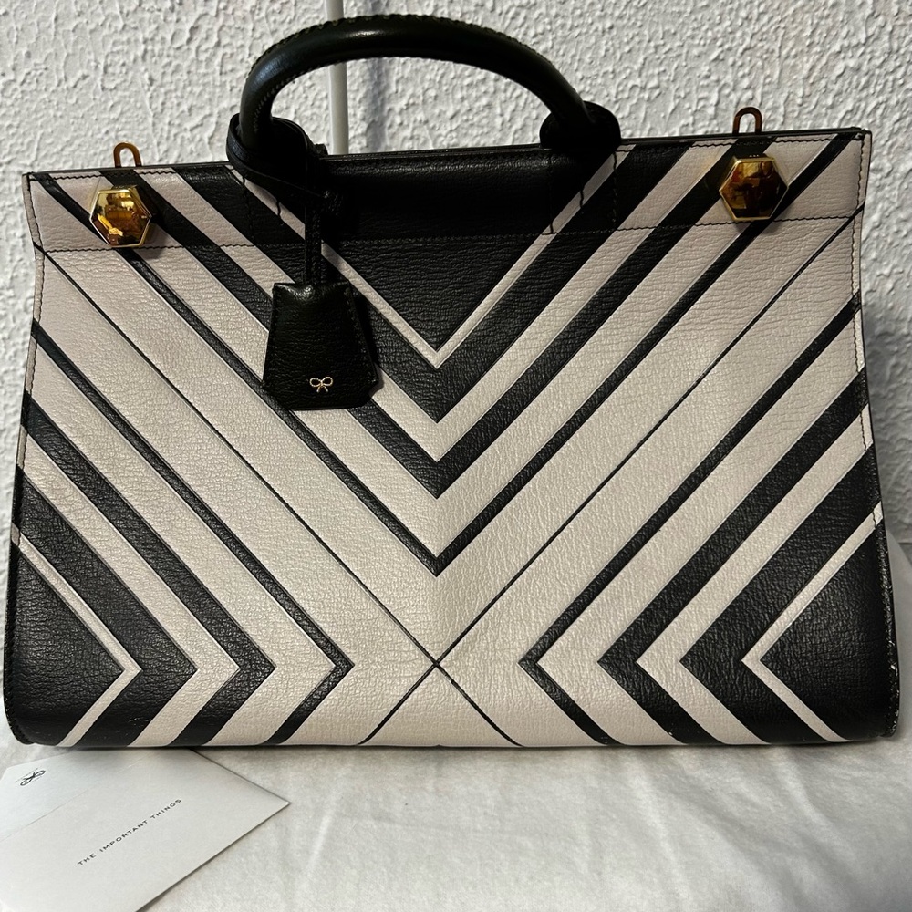 Authentic Anya Hindmarch Ephson Diamonds Chalk/Dark Olive Tote Handbag